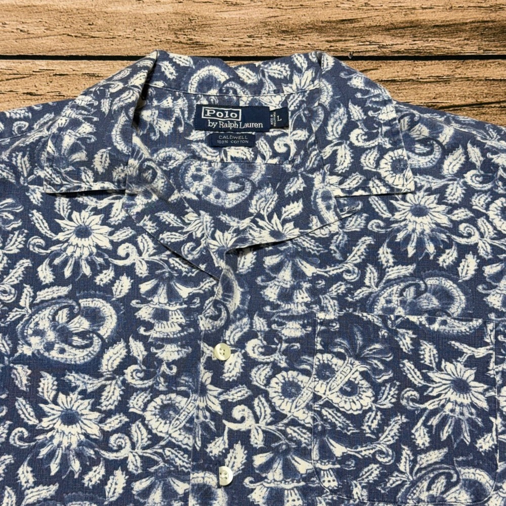 Polo Ralph Lauren Button Up Shirt Mens L Blue Floral Caldwell Loop Collar Cotton